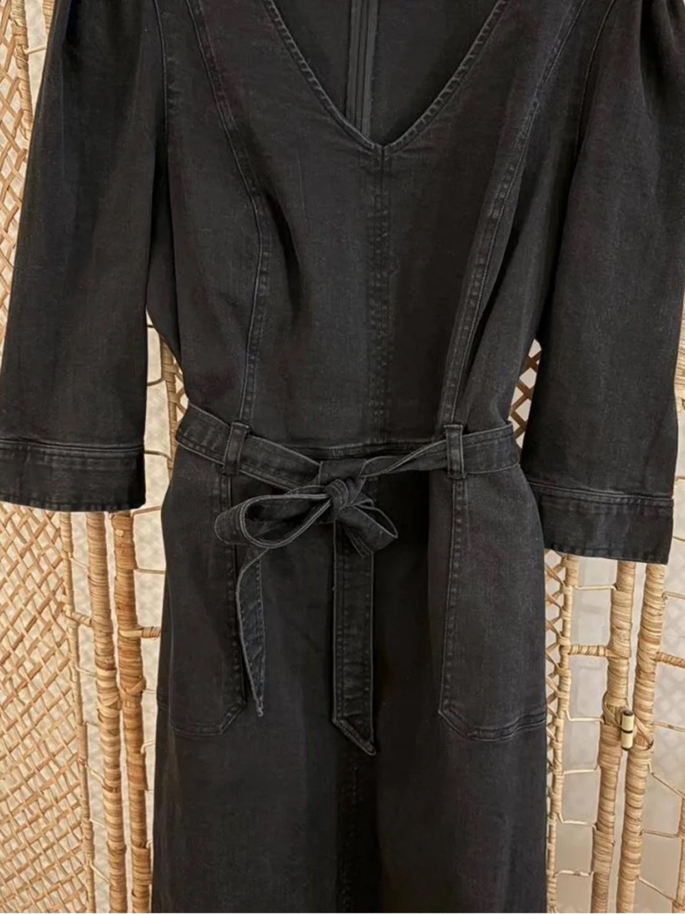 Liz Claiborne Black V-Neck Belted Midi black denim Dress